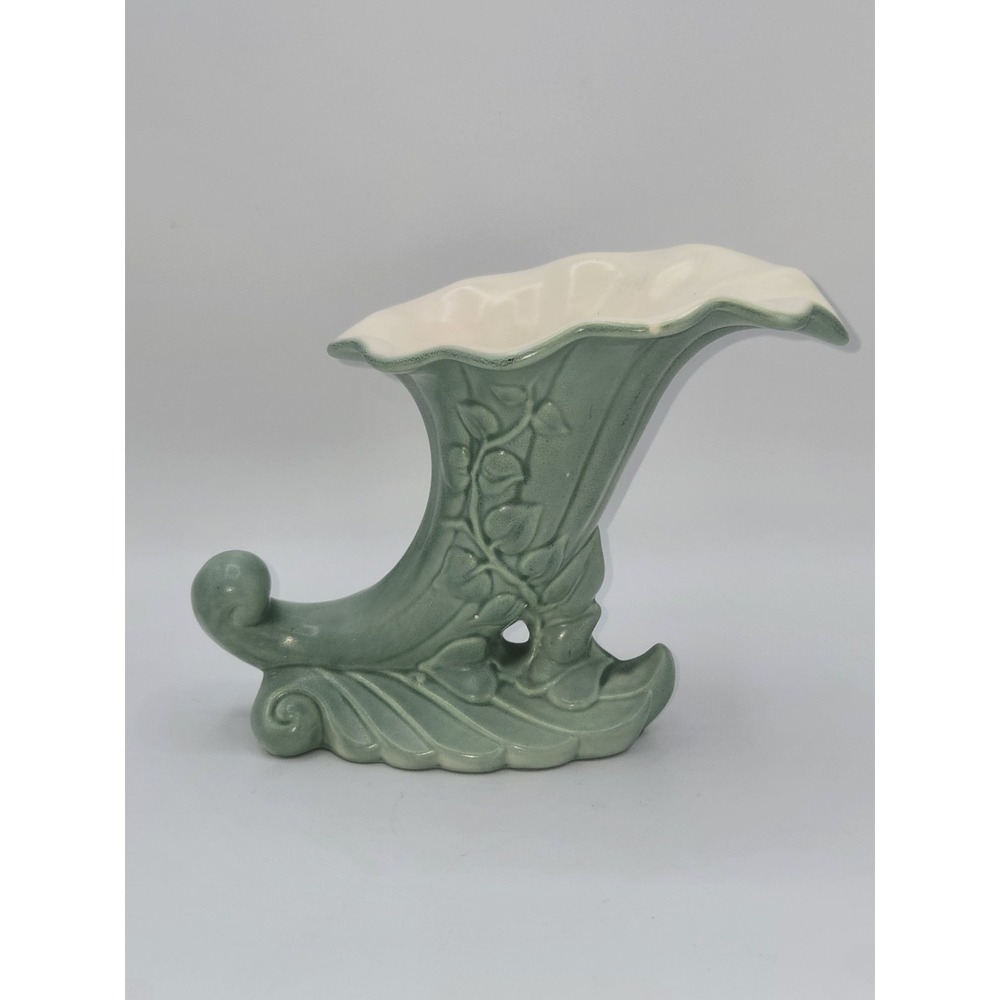Vintage Red Wing Pottery Matte Green & Cream Cornucopia Vase #1097 Art Deco